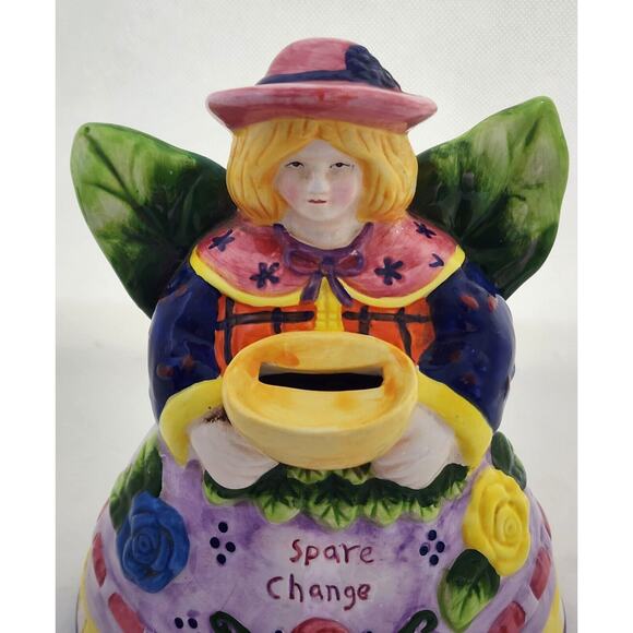 BANK-GARDEN ANGEL-"SPARE CHANGE"-Floral/Leaves-Bottom Stopper-Unique-Shelf Decor - Picture 8 of 11